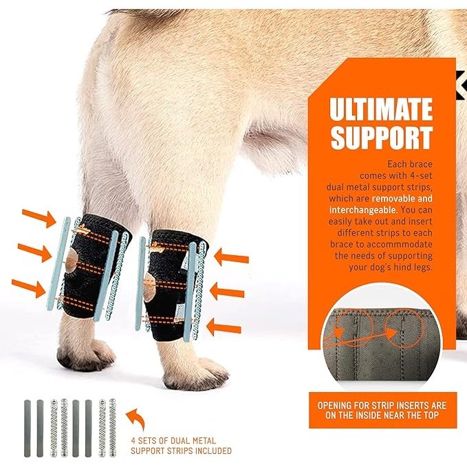 NeoAlly 3-in-1 Short Rear Leg Hock Brace for Smaller Dogs with Rigid and Spring Inserts | Safety Reflective Straps [Short Version] (Pair)